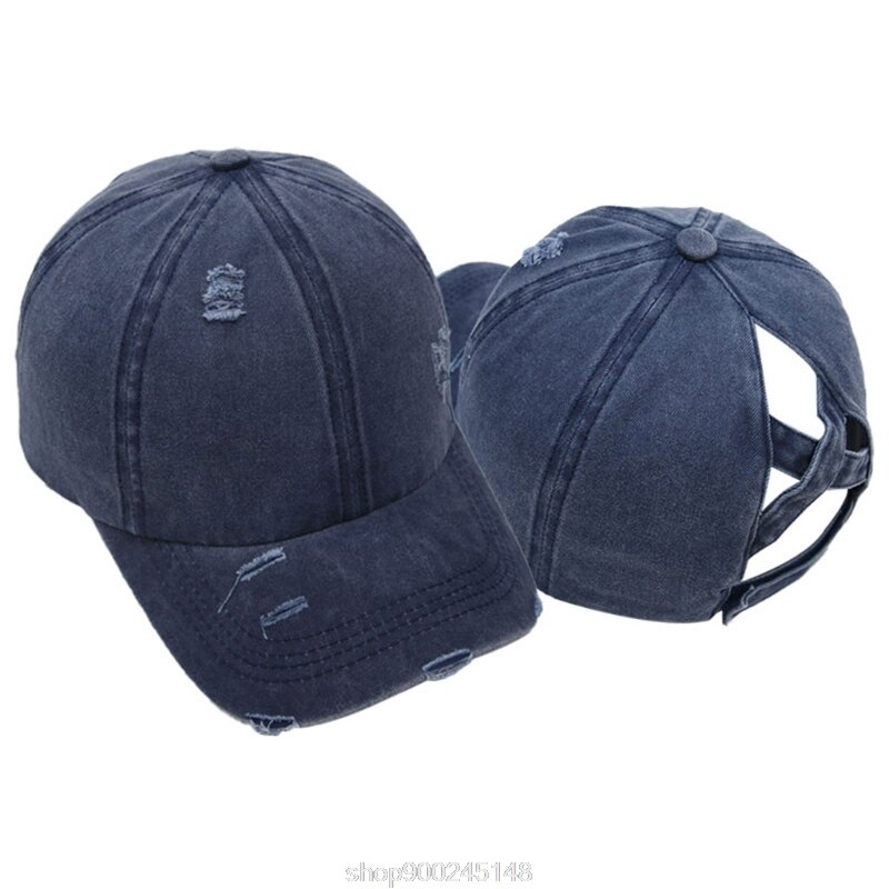 Femmes lavé casquette de Baseball crème solaire en détresse déchiré Criss croix haute queue de cheval réglable chapeau de relance N12 20 directe: Marine Bleu