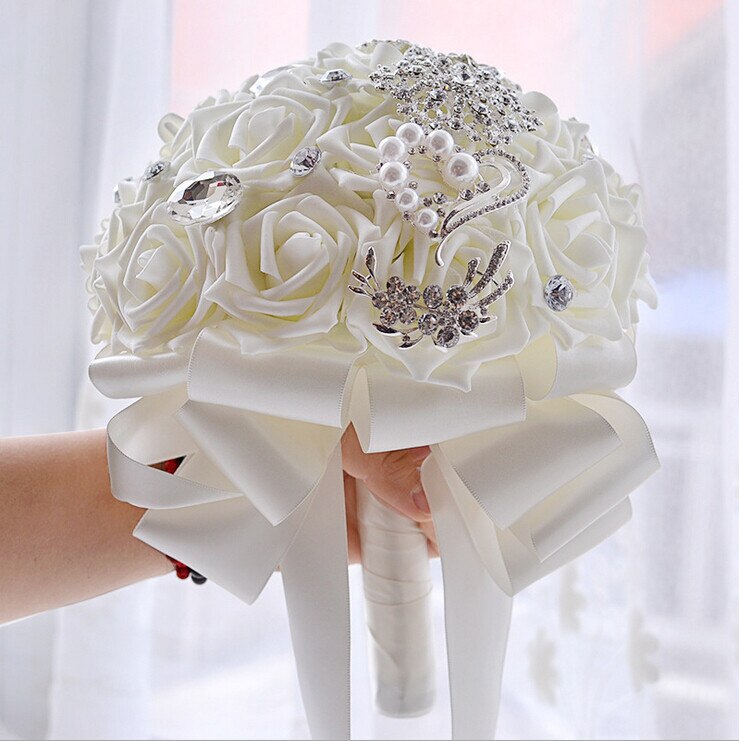 Bruiloft Bloemen Bruidsboeketten Crystal Kralen Kunstmatige Peony Rose Houder Met Lint Accessoires Bridal Levert