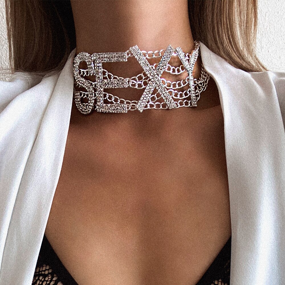 Rhinestone choker necklace luxury crystal choker sexy word chocker bling jewellery glam women's jewelry