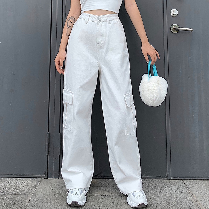 Yyxz lente herfst schattige losse grote zakken sml 3 kleuren hoge taille vrouw casual katoenen denim broek dames jeans broek