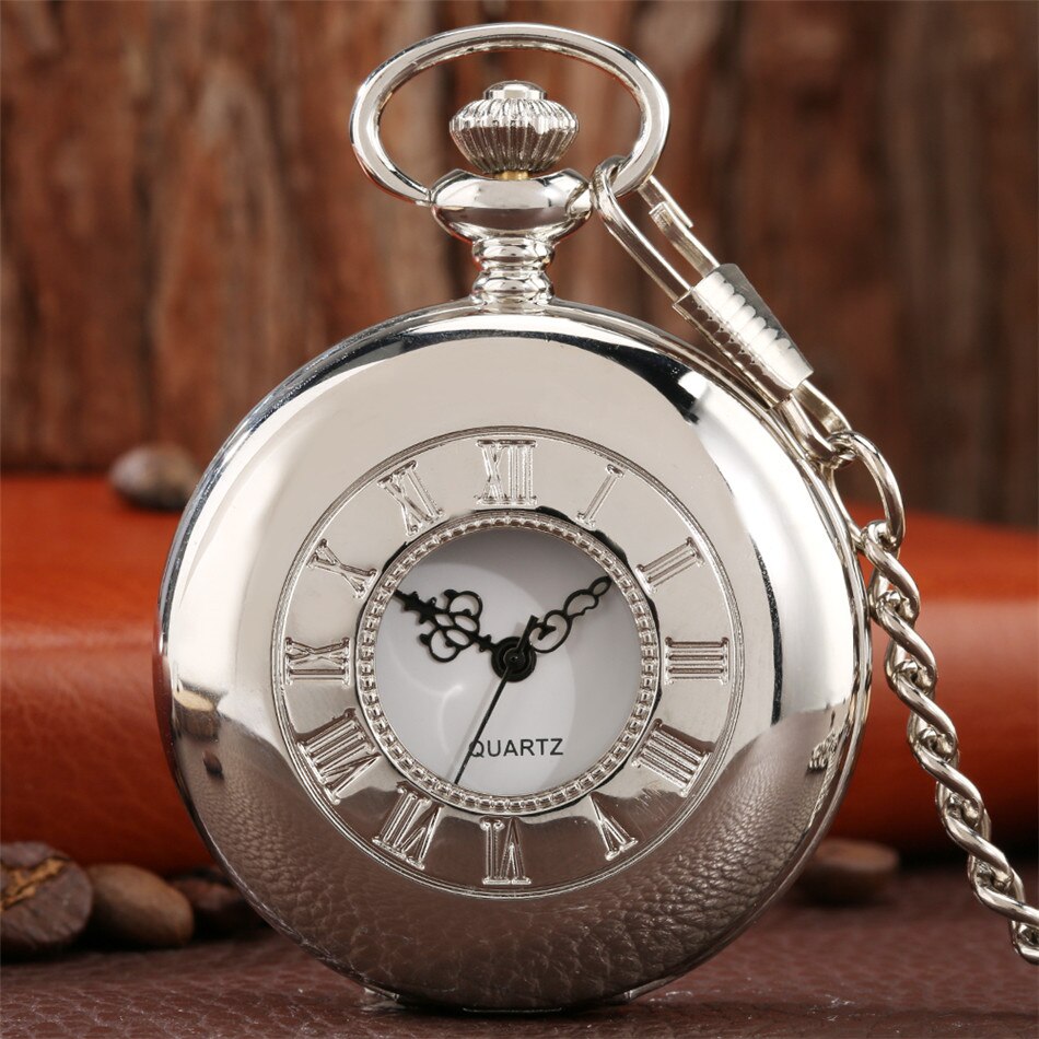 Smooth Silver Roman Numerals Half Hunter Quartz Pocket Watch Digital Analog Display Round Dial Antique Fob Clock Unisex