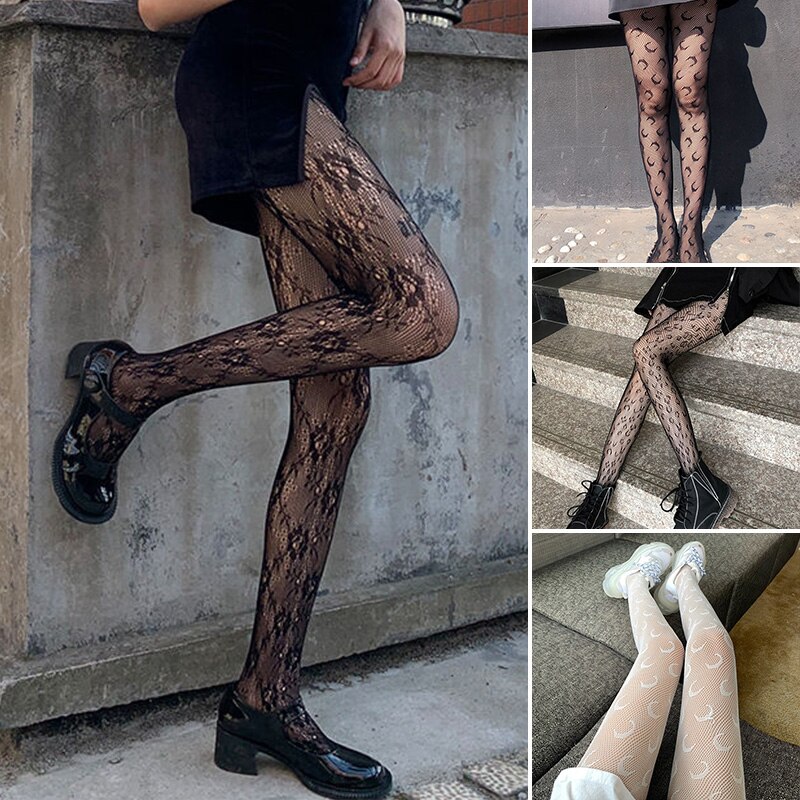 Women Moon Print Hollow Fishnet Mesh Lace Pantyhose Tight Stockings Casual Nightclubs Calcetines Sexy Black Stockings Колготки