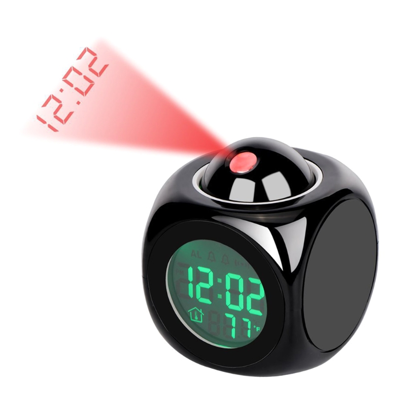 Digitale Wekker Muur Projectie Met Snooze Functie Lcd-scherm Thermometer ℃/℉ Tijd Voice Alarm Led Backlight: Black
