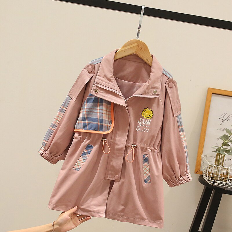 2022 autunno bambini Patchwork Trench giacca a vento ragazze allentate Casual cerniera giacche giacca in vita moda bambini top abbigliamento: Colore rosa / 6