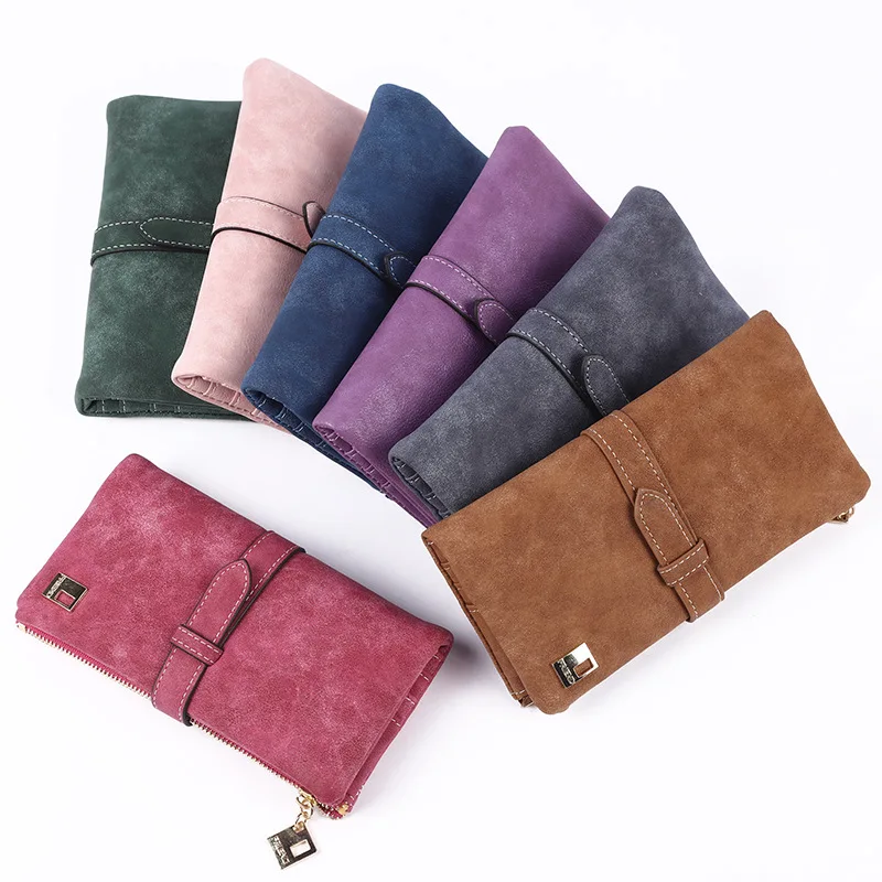Women Wallets Drawstring Nubuck Leather Zipper Wallet Women's Long Purse Two Fold More Color Clutch