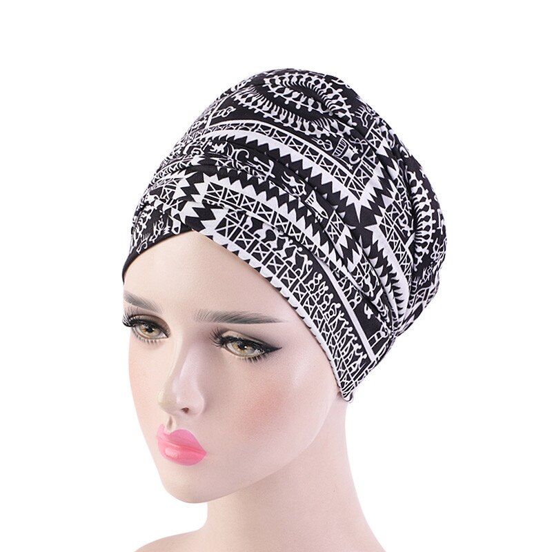 Afrykańska czapka rozciągać kobiety moda muzułmańskie czapki czapka bez daszka skully pokrowiec na główkę turban nakrycia głowy czapka Boho kapelusz po chemioterapii drukowane czapka smerfetka: 13 czarny biały