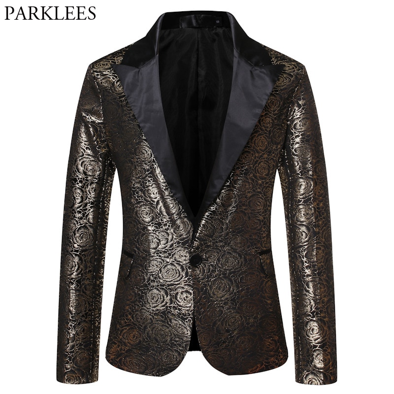 Men's Rose Gold Print Suit Jacket One Button Patchwork Colalr Dress Blazers Male Party Dinner Wedding Stage Clothes for Singers
