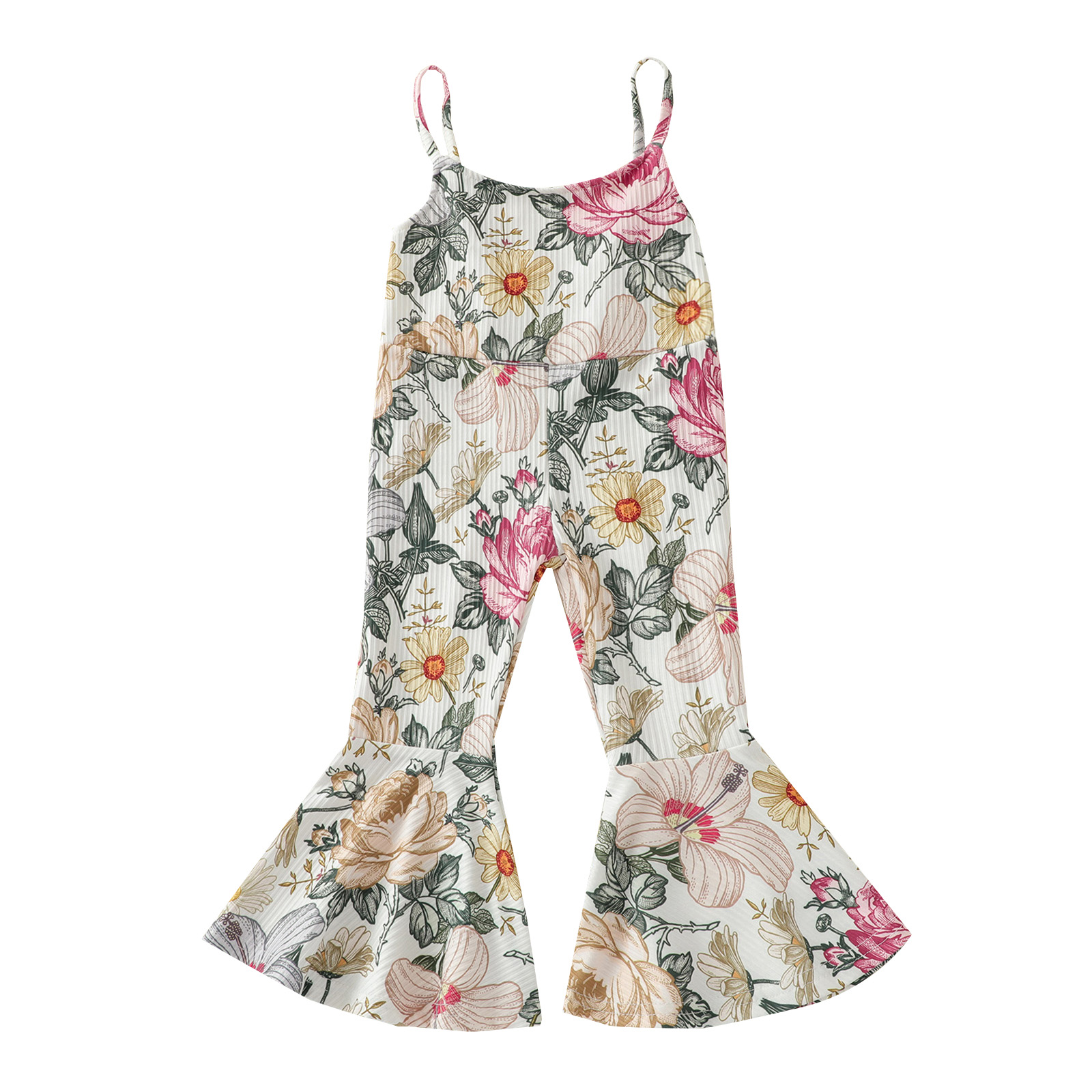 1-5Years Meisjes Jarretel Jumpsuit, Zomer Peuters Bloemen/Cherry Printing Mouwloze Bell Bodem Siamese Broek: A / 5