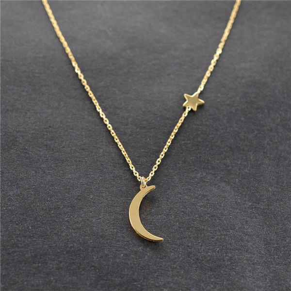 Collar de cadena Simple para mujer, collar de luna y estrella bañado en Oro y Plata para mujer y niña, joyería creciente #248953: Gold