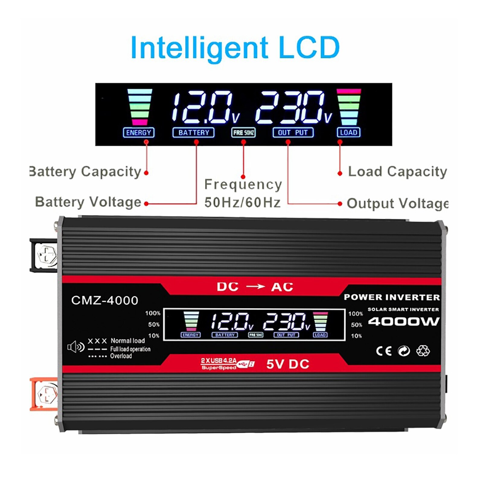 4000W LCD Display Solar Power Inverter 12V to 110V/220V Modified Sine Wave Solar Inverter with Battery Clip Cigarette Lighter
