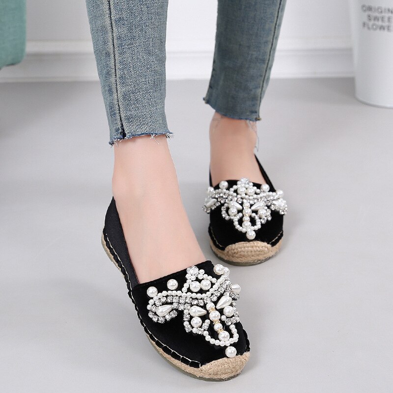 Espadrilles perlées perles décoration oxfords appartements dames or velours cristal pêcheur chaussures grande taille paille tricot creepers
