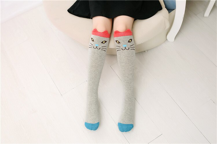 Chaussettes en coton pour enfants | Chaussettes montantes aux genoux avec oreilles de chat de dessin animé pour bébés filles, chauffantes les jambes,: Gray Cat
