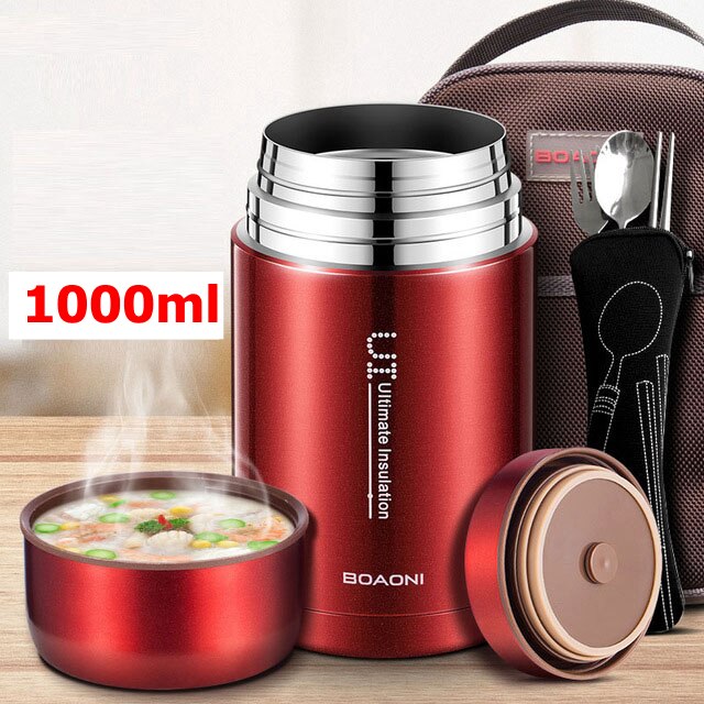 BOAONI 800ml/1000ml Food Thermal Jar Vacuum Insulated Soup Thermos Containers 316 Stainless Steel Lunch Box with Folding Spoon: red 1000ml