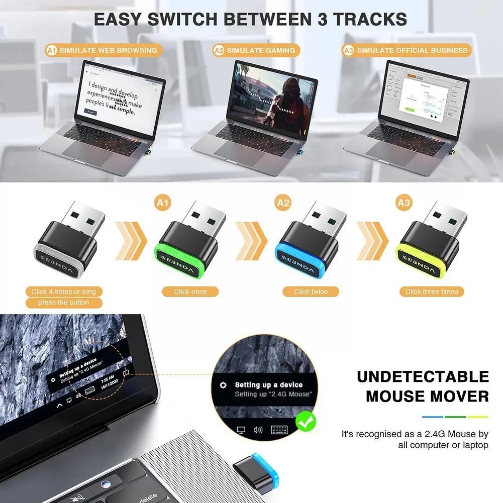 Seenda DK16 Mouse Jiggler Undetectable Mouse Mover Shaker Simulate Mice Driver-Free Keeps Computer PC Laptop Awake