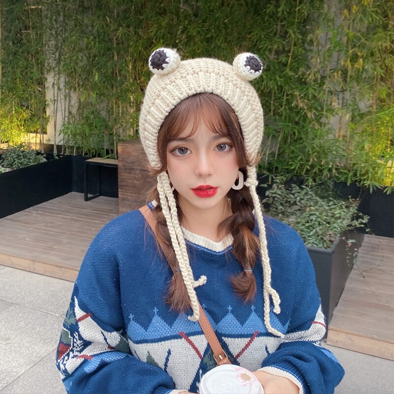 Sombreros de invierno con pompón para mujer, sombrero de rana adorable, de ganchillo, grande, tejido para niña, gorro de disfraces, gorros de navideña,