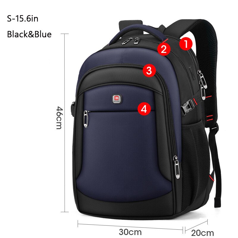 Mochila de negocios de 16 pulgadas para hombre, bolsa para ordenador portátil multifuncional, sencilla e informal, resistente al agua, mochila para estudiante de 4 capas: S-15.6in Black-Blue