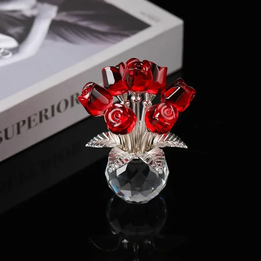 Crystal Red Rose Bouquet with Round Vase Figurines for Women Glass Bouquet Ornament Romantic Table Centerpiece