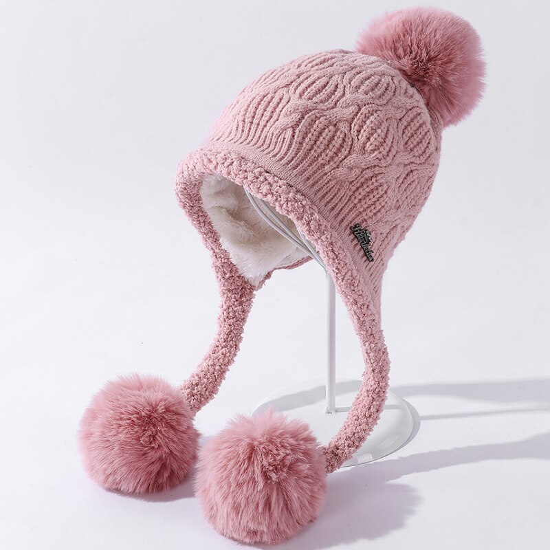 Bonnet épais et en polaire pour femme, bonnet tricoté, avec trois pompons, pour le Ski, idéal pour l'hiver, HT3797