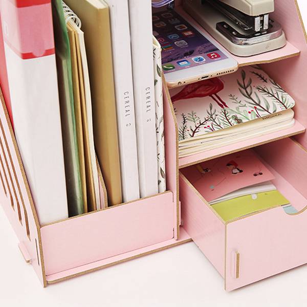 Wood Desk Organizer Drawer Trays Office Desktop Organizers File Holders Office Supplies 4 Tier 6 Compartments (Pink)