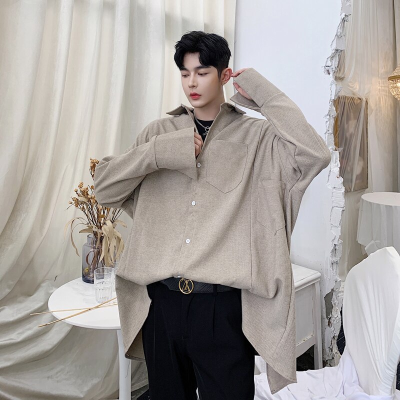 Camisa informal holgada de manga larga de murciélago de gran tamaño de cuadros Vintage para hombre, ropa de calle para mujer, camisas de vestir de Hip Hop