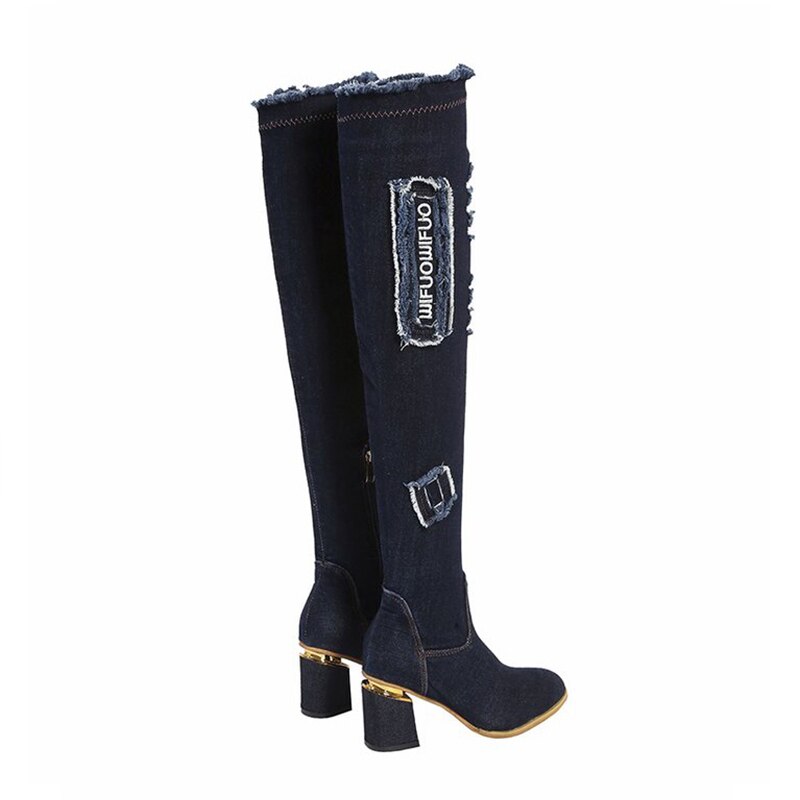 Denim damskie buty na buty do kolan szpiczasty nosek grube szpilki buty kobieta dorywczo dżinsy z frędzlami zakolanówki buty Botas Mujer