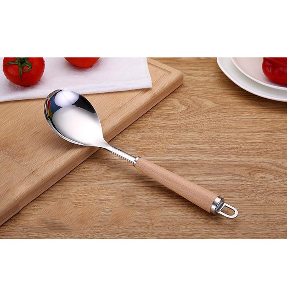 1Pcs Spatula with Wooden Handle Stainless Steel Kitchenware Set Household Spoon Kitchen Gadget Stainless Steel Frying Shovel: Rice Scoop