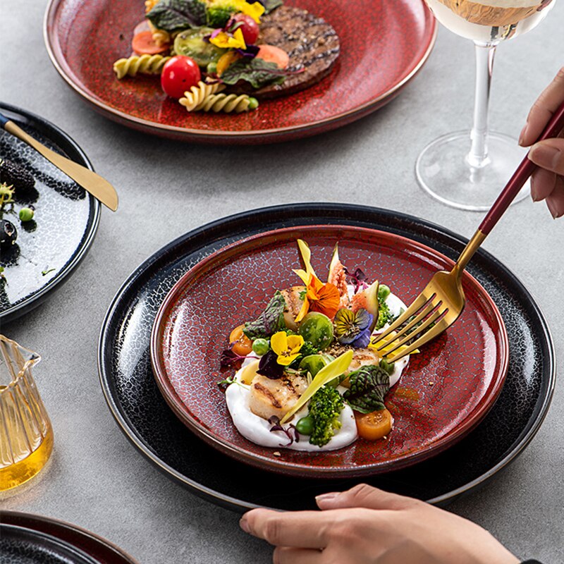 Red black ceramic plate set Kitchen restaurant party steak plate Dinner dish salad spaghetti Microwave trays can be used