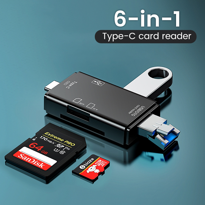 Lettore di schede OTG 6 in 1 Lettore di memoria per schede Micro SD TF USB 3.0 Chiavetta USB ad alta velocità Micro USB Tipo C a USB Adattatore Scrittore