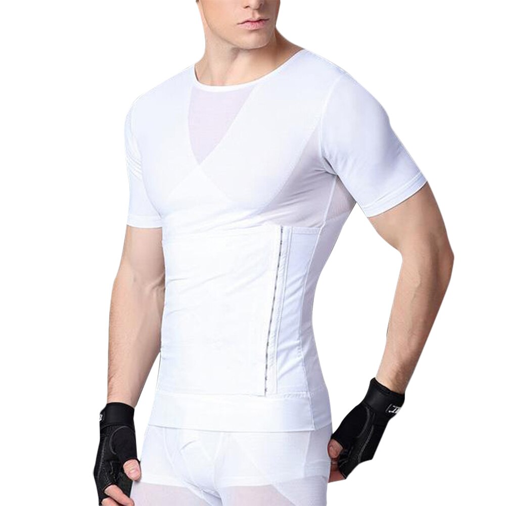 B2Cshop – t-shirt moulant en Nylon pour homme, vêtement moulant et amincissant, avec fermeture éclair, à manches courtes: M / WHITE