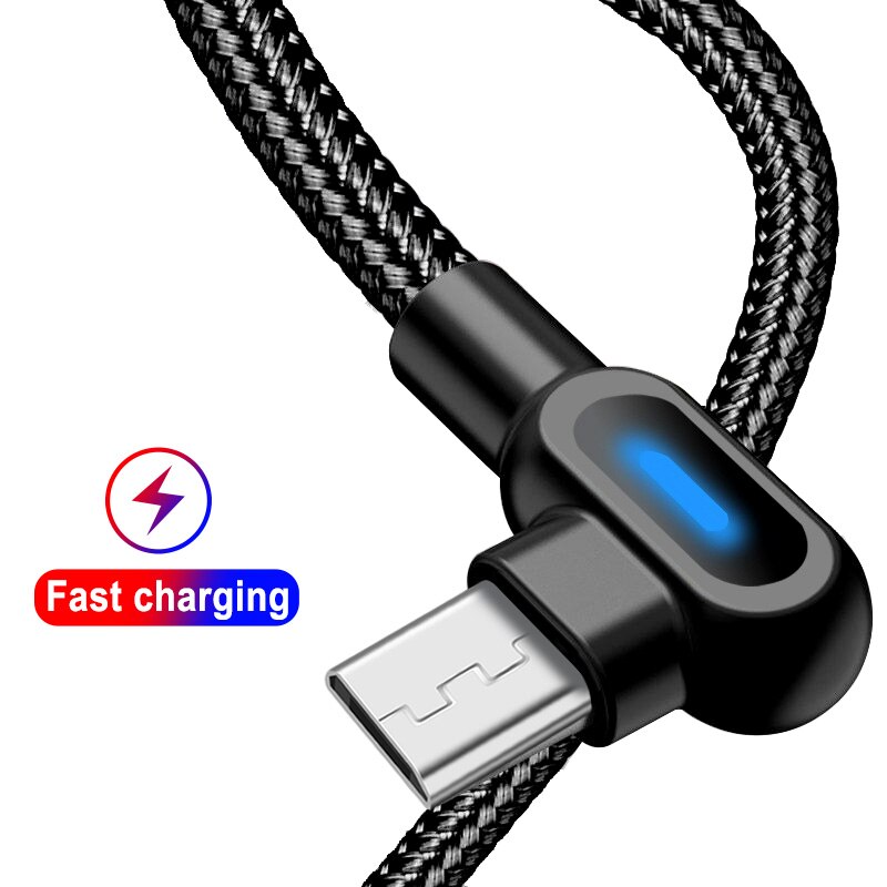 Fast Charging Wire USB Micro Mobile Phone Cable Nylon Weave 90 Degree Data Cables With For Android Xiaomi Samsung Vivo 1M 2M