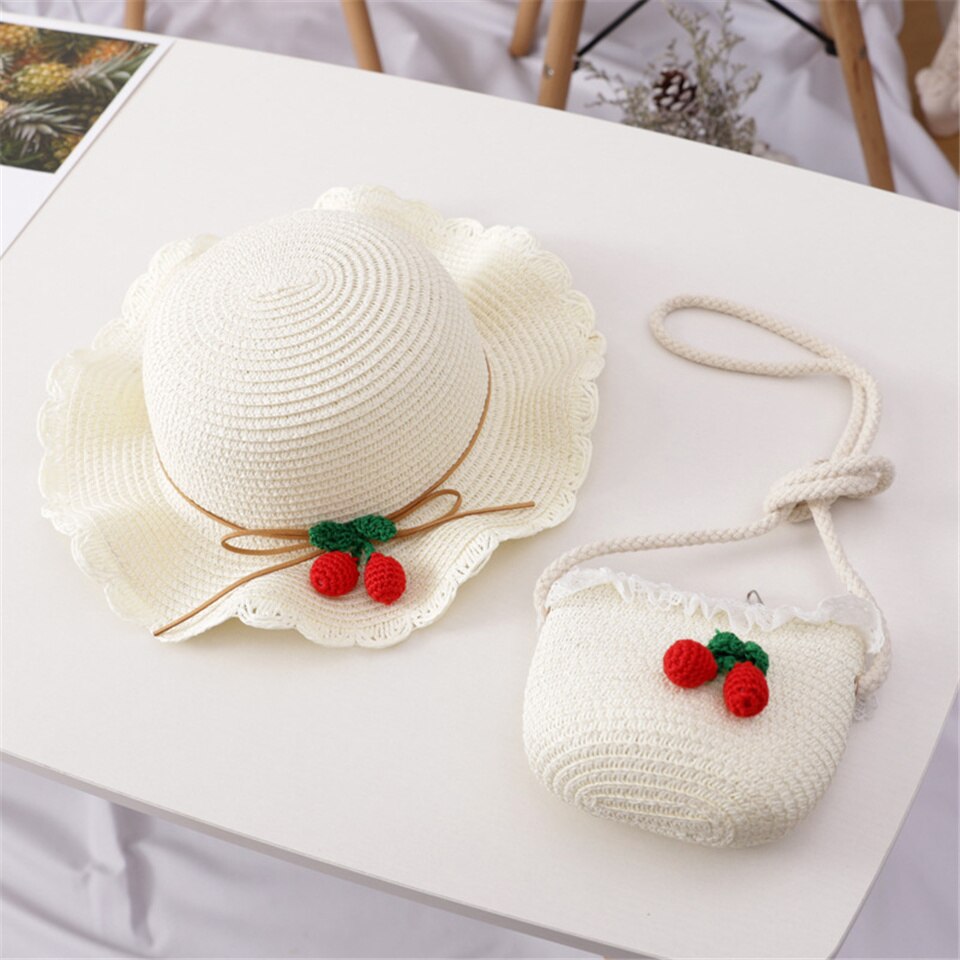 Baby Outdoor Sunscreen Straw Hat Straw Bag Set Cute Cherry Decoration Photography Fisherman Cap Lace Side Shoulder Straw Bag: White-Hat Bag