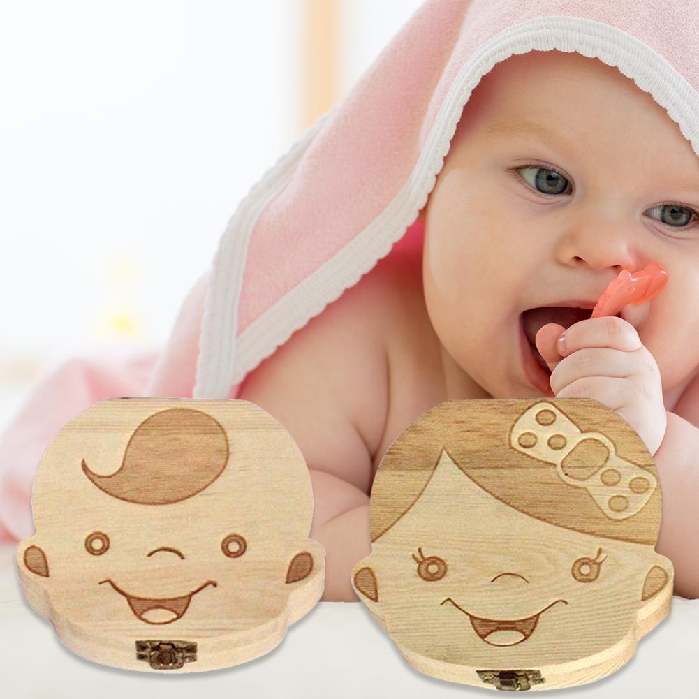Træ baby tandkasse arrangør engelsk spansk tysk fransk barn børn mælketænder gemme opbevaring lanugo holder sag tandkasse