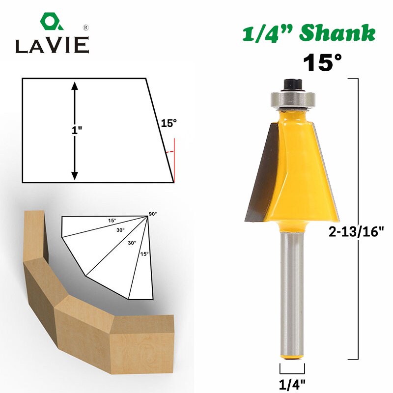 La vie 1pc 1/4 " skaft 15 grader 22.5 grader fas fas kantfräs bitfräs för träbearbetningsbits  mc01027: 15 grader