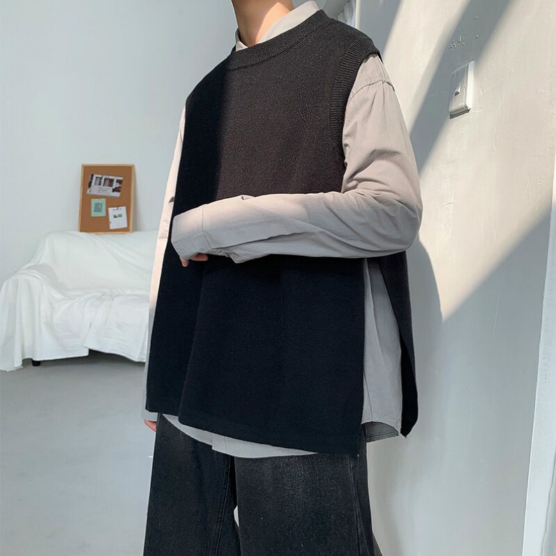 Sweater vest herre sort side-slids strikke ins trendy løs oversize herre solid outwear sweaters harajuku vintage bf