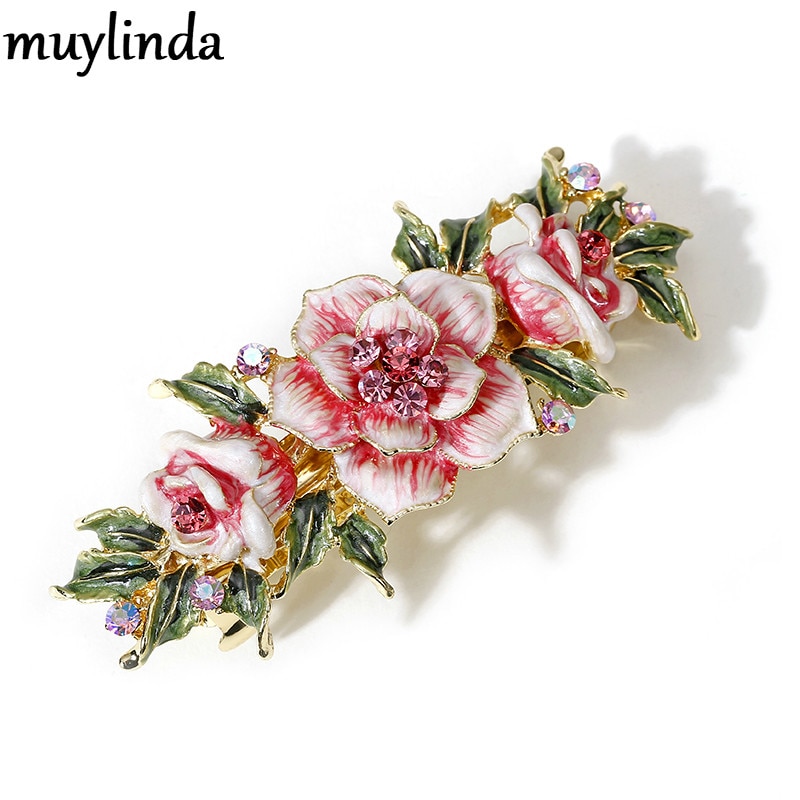 Muylinda Fiore Dello Smalto Cinese clip di Capelli Gioielli Vintage ▾ Rosa Dei Capelli Del strass Spille Barrettes Donne Banchetto Accessori per Capelli