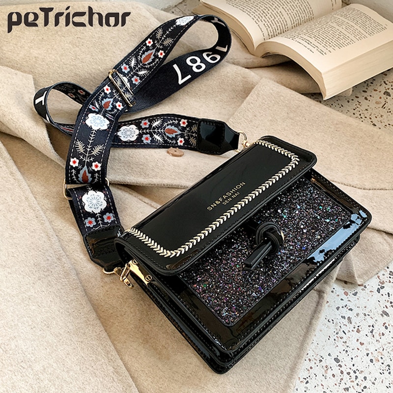 Damväska bred axelrem axelväska messenger bag casual dam crossbody-väska glänsande flik dam handväskor handväska