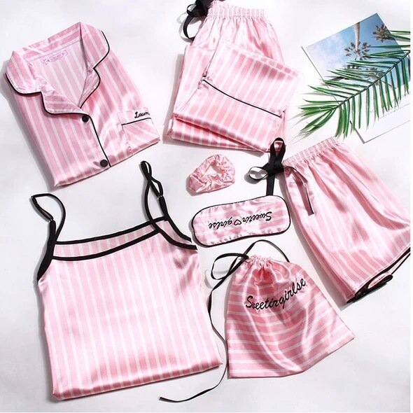 Women Pink Faux Silk Pajamas 7 pieces Set Print Long Sleeves Button Sleepwear Ladies Summer Thin Pyjamas 7pcs/set: M