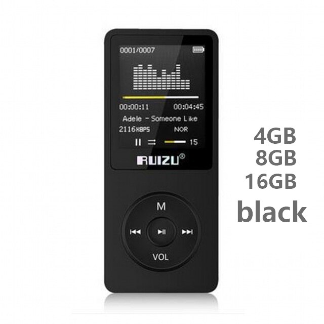 RUIZU X02-reproductor de Mp3 ultradelgado, Usb, 4GB, 8Gb, 16GB, almacenamiento, pantalla de 1,8 pulgadas, 80h, Radio Fm, E-Book, reproductor de música: black / 16 GB