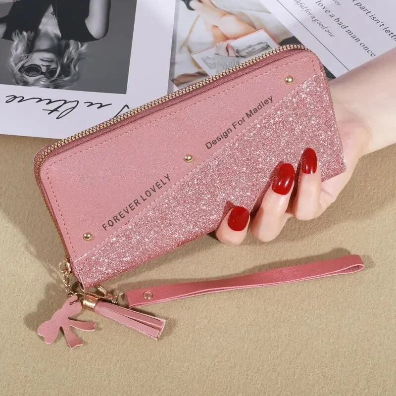 Glitter Shining Wallet Long Women's Zipper Wallet - Korean Splicing, Color Contrast, Tassel, and Rivet Details: Beige
