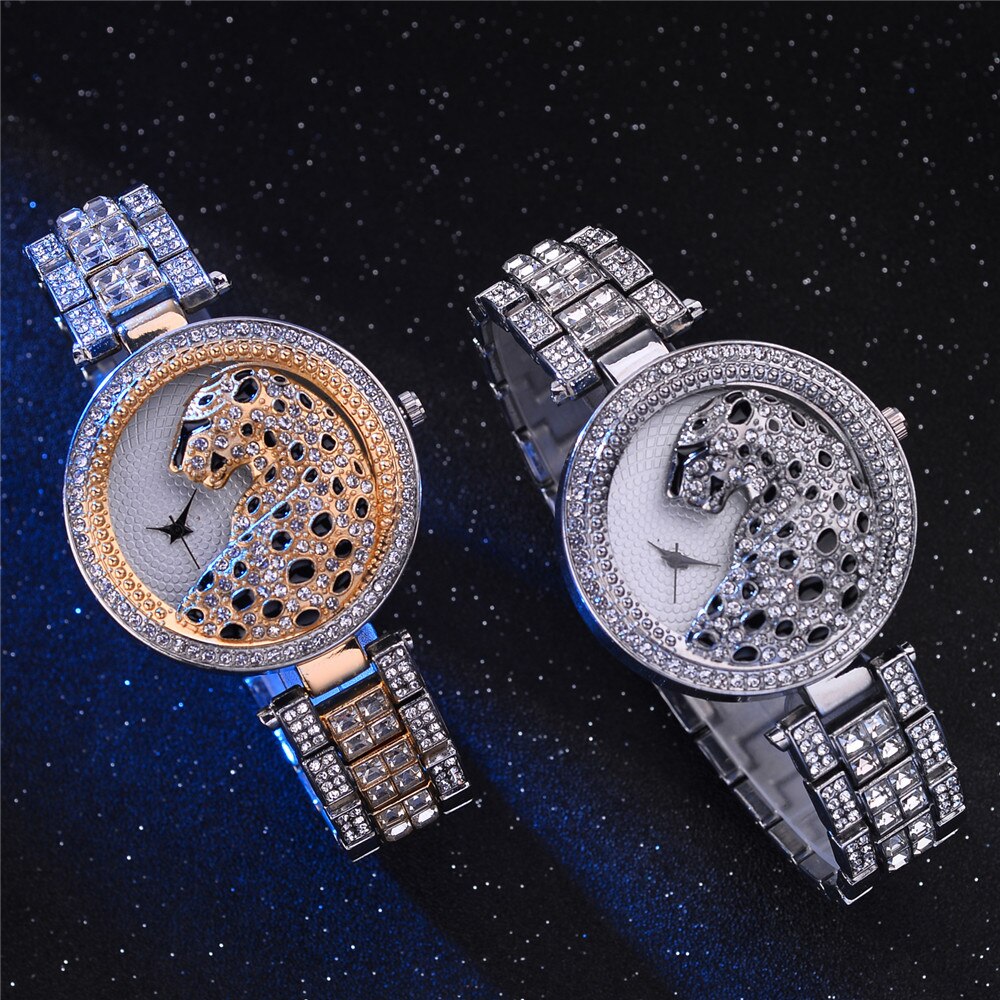 Femmes Rose Or Montre Léopard De Luxe Bling Dames Montre Décontracté Femme Montre À Quartz Cristal Diamant Pour Femmes Horloge