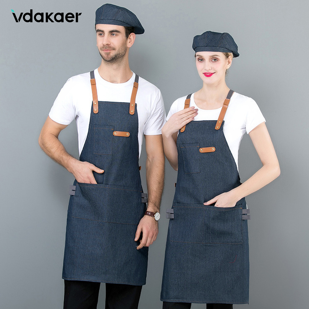 Denim køkkenforklæde med justerbart bomuldsrem store lommer blå barista mænd og kvinder homewear ærmeløst forklæde