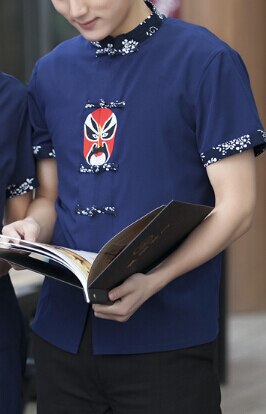 Lato krótki rękaw hotelowa restauracja odzież robocza Beijing Opera maseczki do twarzy drukowanie Chef kelner jednolite dla mężczyzn i kobiet: Navy Blue  Men / L