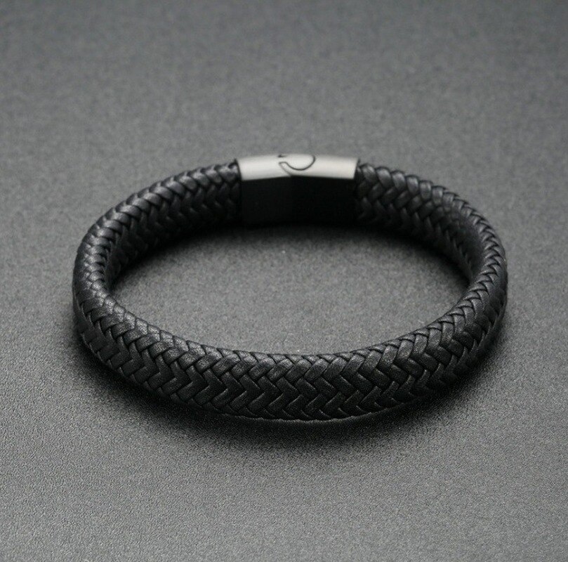 MONIYA Men's Black Braided Leather Bracelet - Stainless Steel Magnetic Clasp, Vintage Style, 8.26 Inch, Silver-Tone - View #2