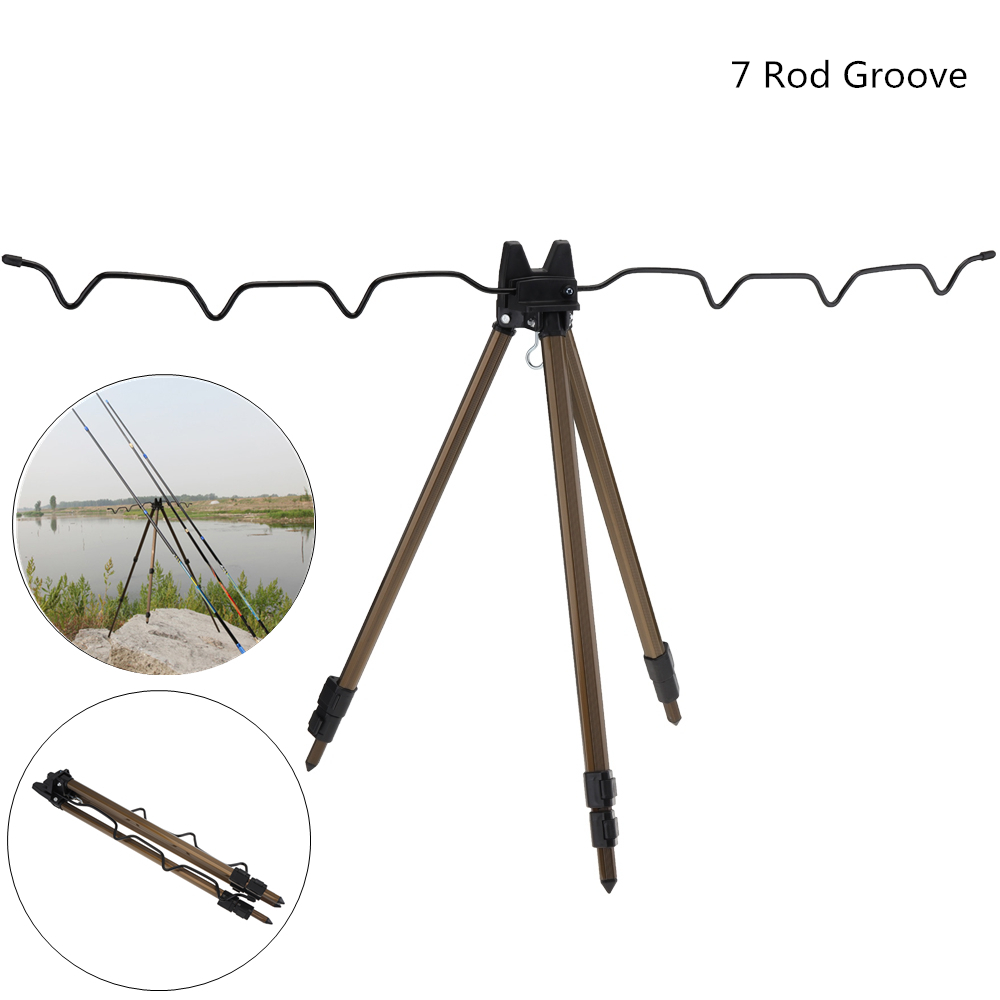 Aluminum Alloy Telescopic 5 / 7 Groove Fishing Rod Holder Portable Collapsible Tripod Stand Sea Fishing Pole Bracket: C Type-Coffee