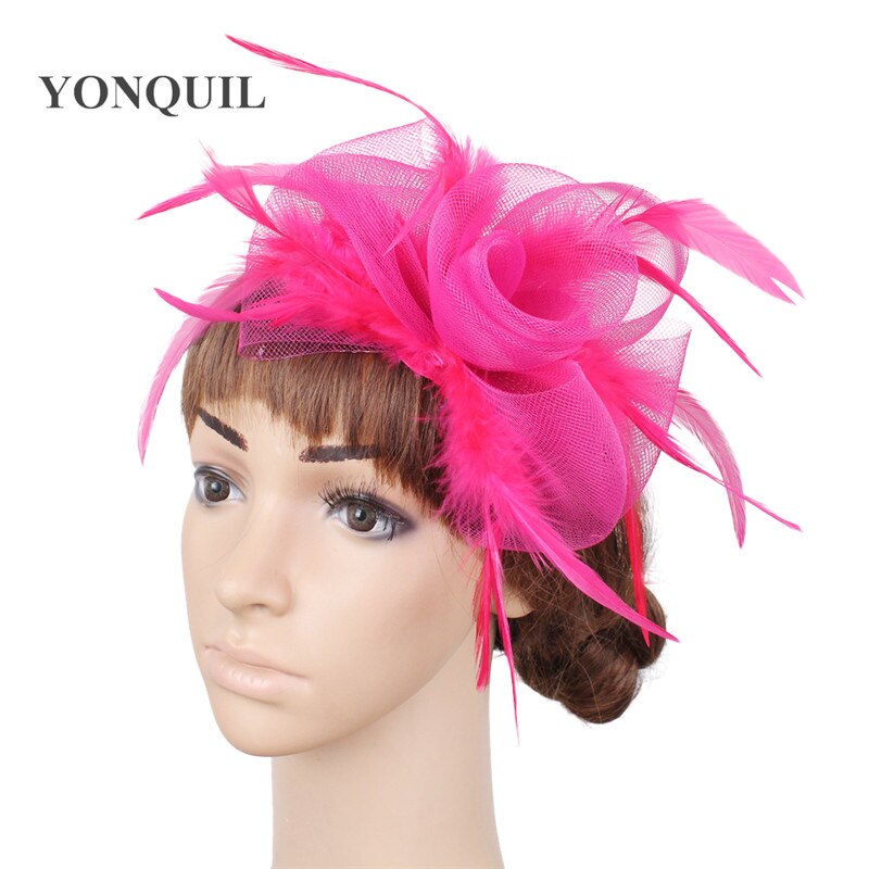 Wonderful color crinoline fascinator headwear feather colorful mesh party show hair accessories millinery cocktail hats MYQ053: PEACH
