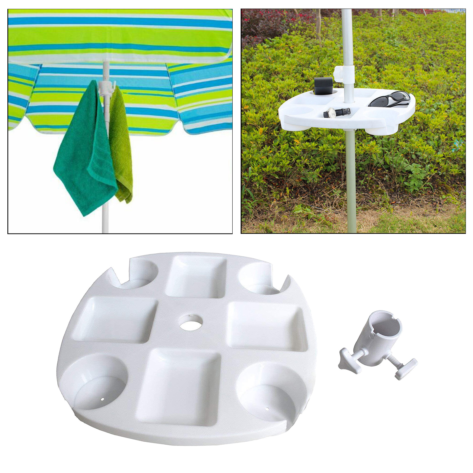 draussen Strand Sonnenschirm Tisch Tablett Snack Trinken Halfter mit Towl Hüte Hängen Haken für Strand Terrasse Garten Weiß