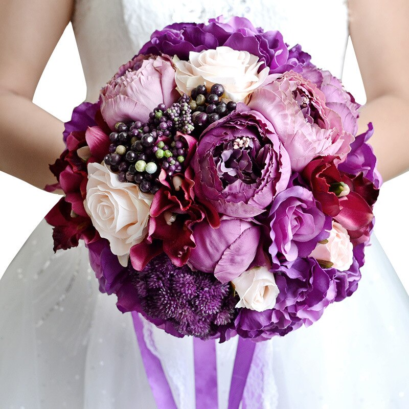 JaneVini Romantic Purple Bridal Bouquets with Lace Handle Artificial Silk Rose Wedding Flowers Bride Accessories Ramo Novia