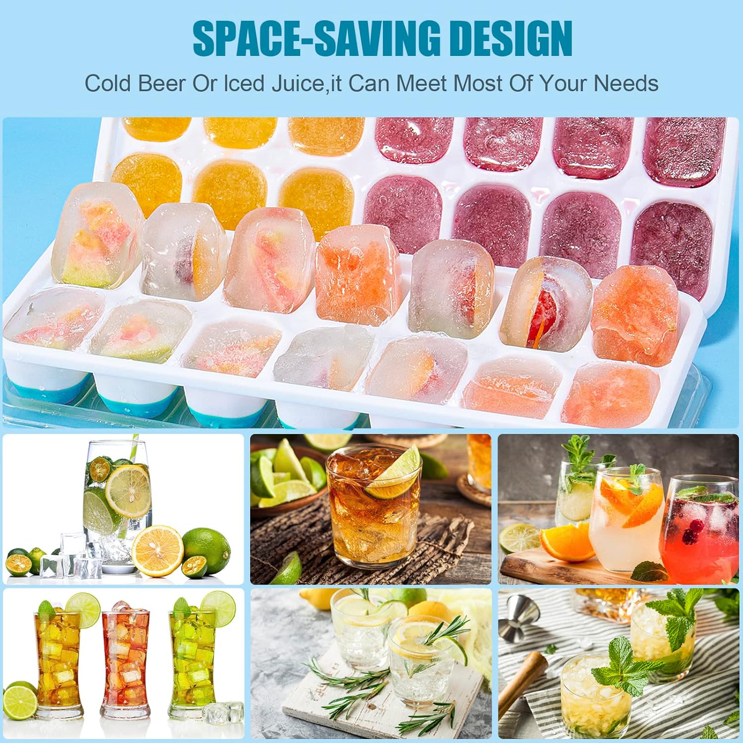 4pcs Grids Ice Cube Trays Reusable Silicone Ice cube Mold Fruit Ice Maker with Removable Lids Kitchen Tools Freezer Summer Mould