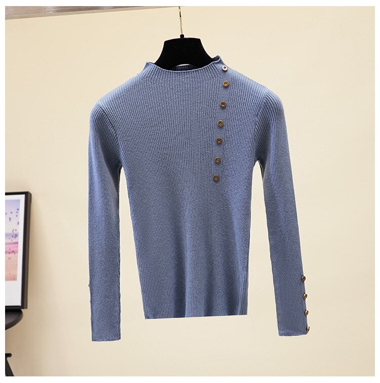 Hlbcbg casual höghalsad grundläggande höst vintertröja dam solid stickad tröja med långa ärmar långärmad mjuk tröja för kvinnor: Blå