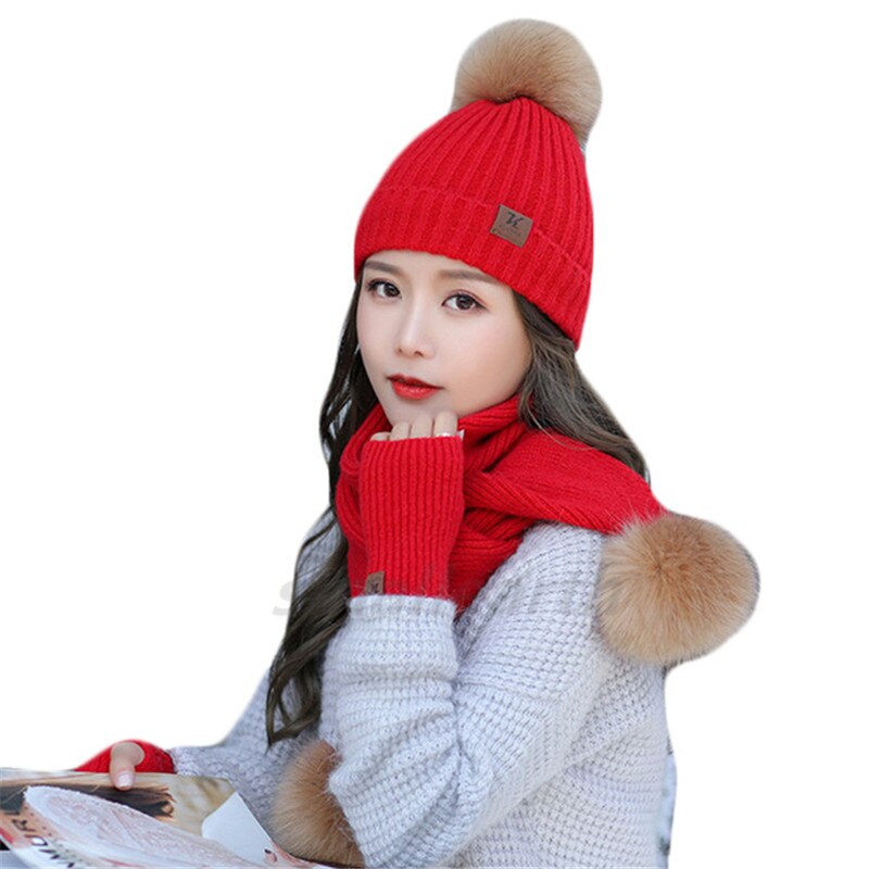 Meisjes warme 3- delige sets wintermutsen sjaal handschoenen voor dames dikke katoenen winteraccessoires set dames muts sjaal handschoenen: Rood